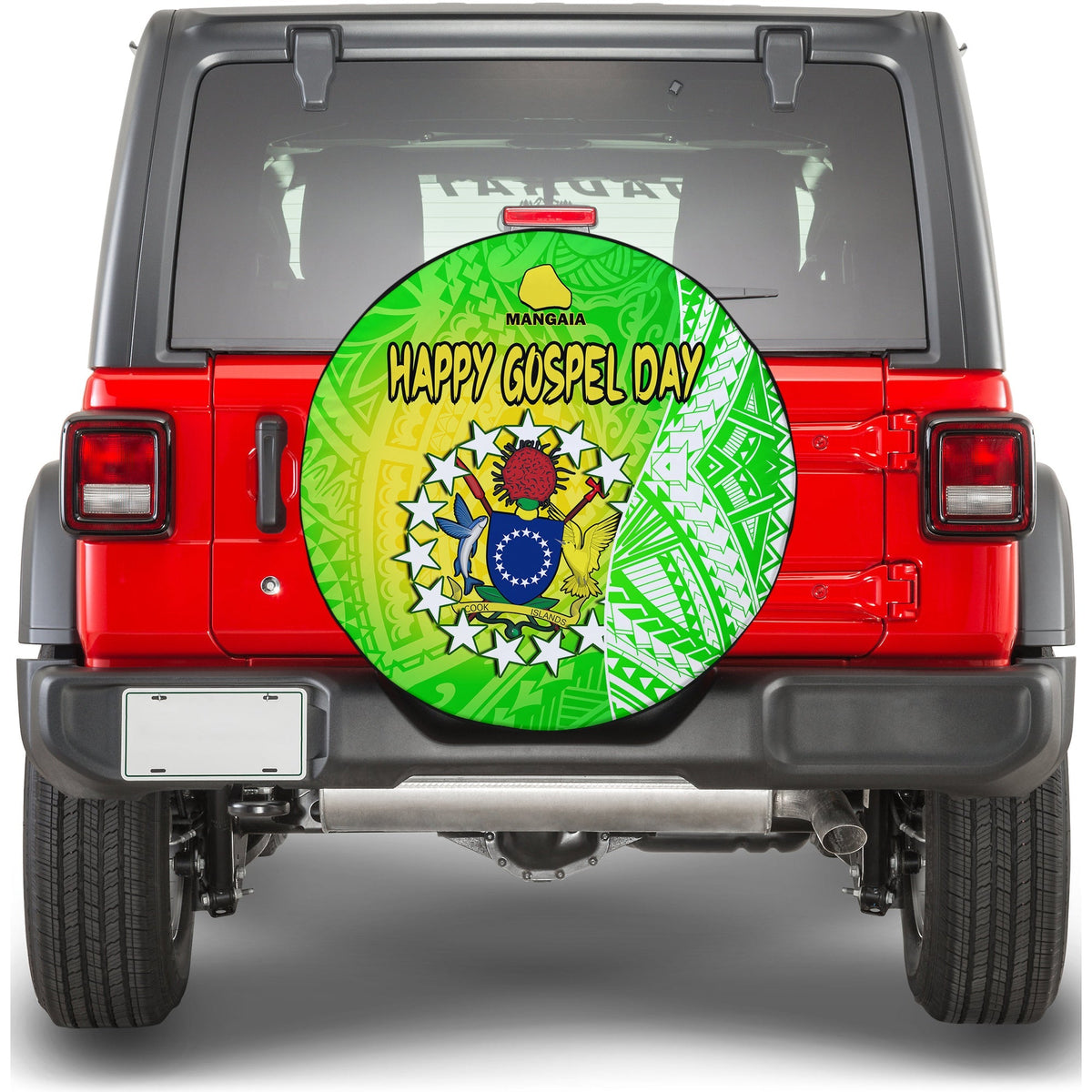Green circular spare tire cover reading “Happy Gospel Day” with sun, stars, and crest