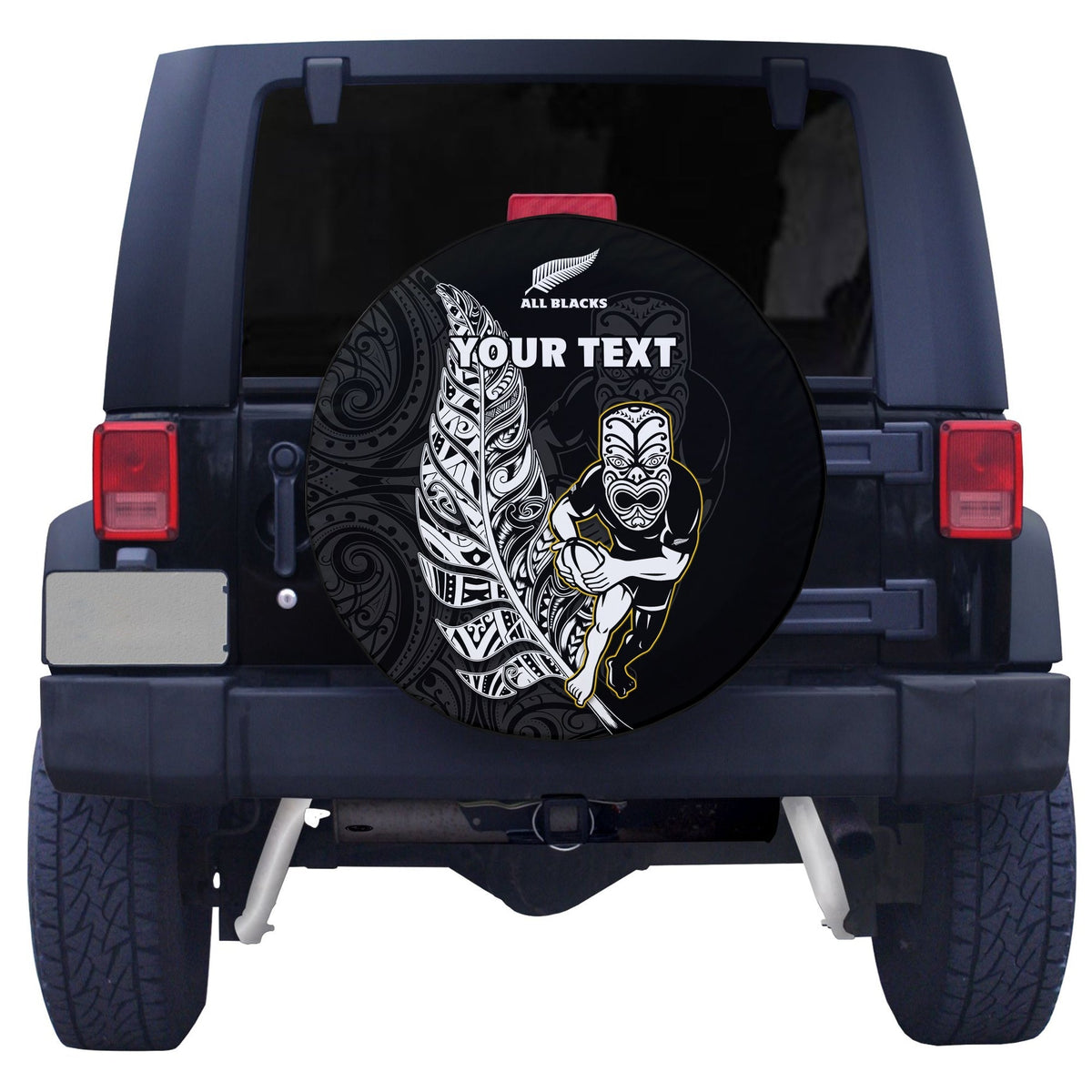 Custom Personalised New Zealand 2022 Rugby Spare Tire Cover All Black Silver Fern Maori Pattern Version Black - Wonder Print Shop
