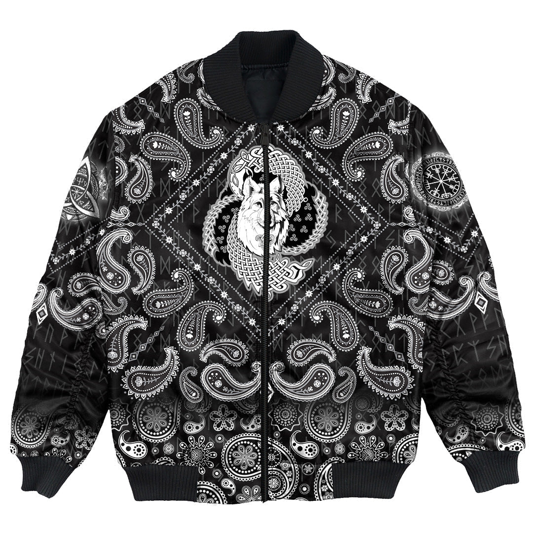 Viking Bomber Jacket Spiritual Symbol Of Legendary Wolf From Ancient Mythology with Bandana Paisley Style RLT12 - Wonder Print Shop