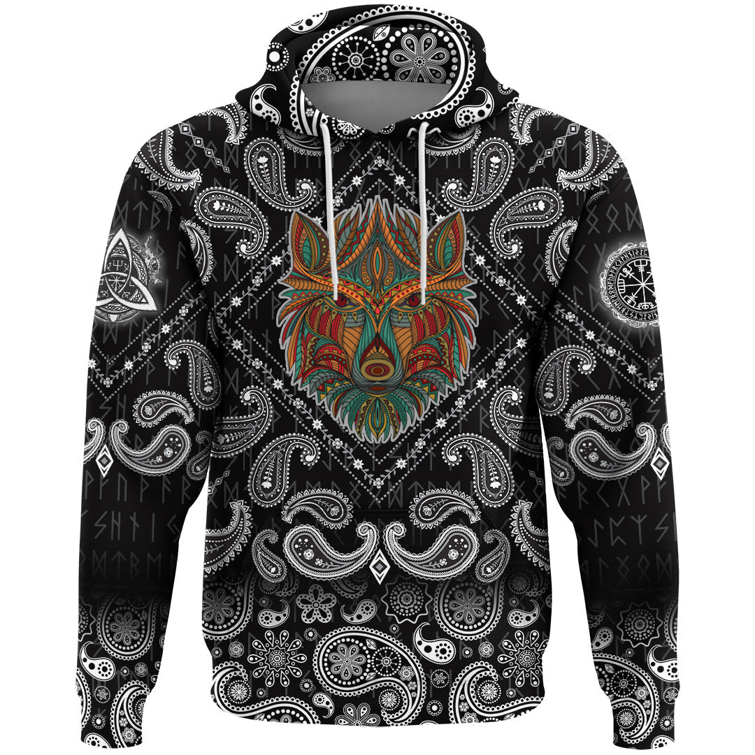 Viking Hoodie Stylized Wolf In Ethnic Dark Background with Bandana Paisley Style RLT12 - Wonder Print Shop