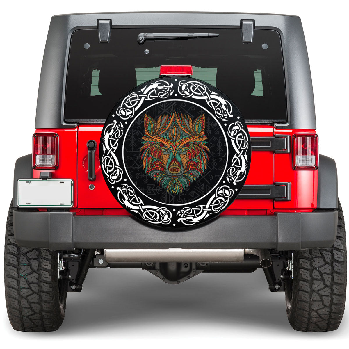 Viking Stylized Wolf In Ethnic Dark Background Viking Spare Tire Cover RLT12 - Wonder Print Shop
