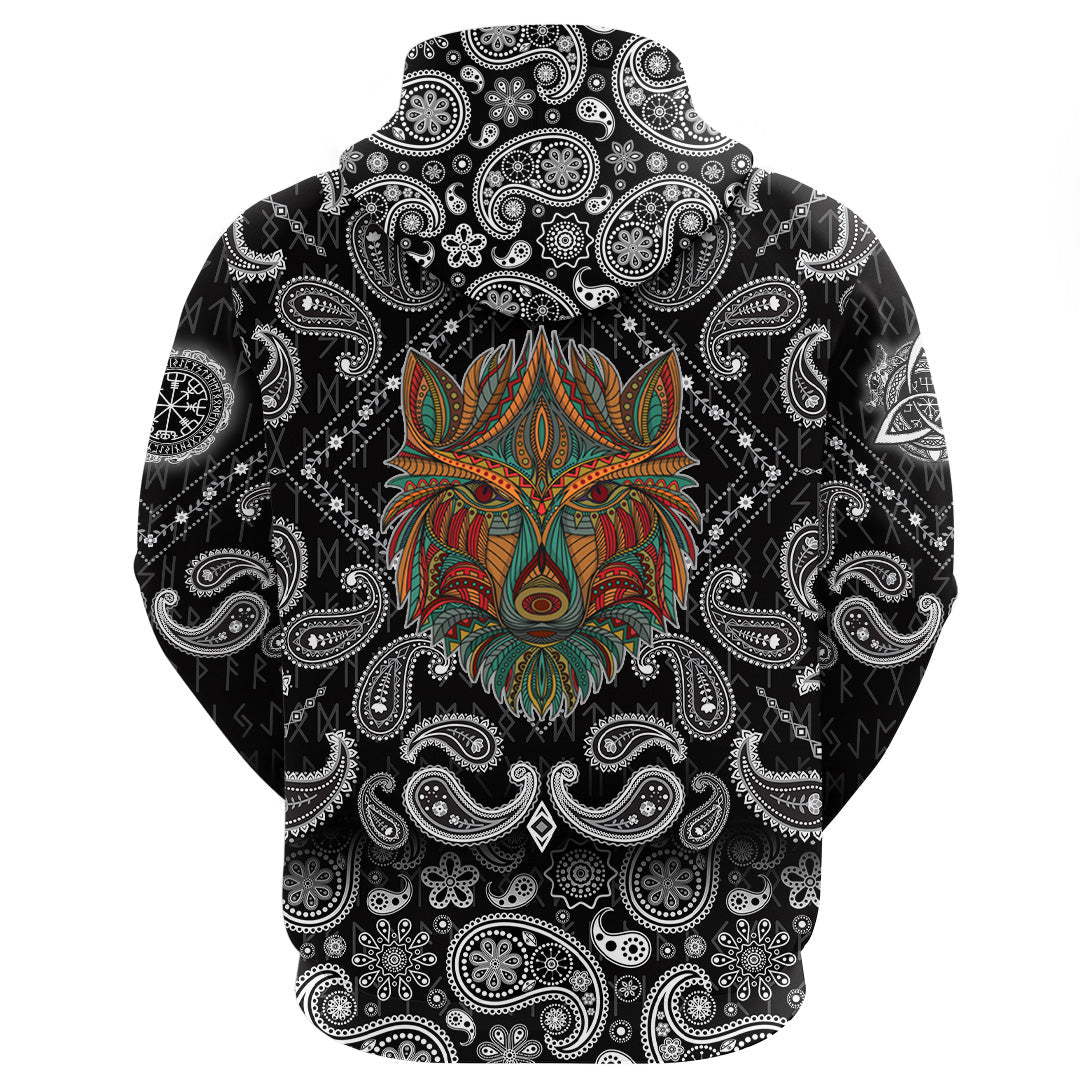Viking Hoodie Stylized Wolf In Ethnic Dark Background with Bandana Paisley Style RLT12 - Wonder Print Shop