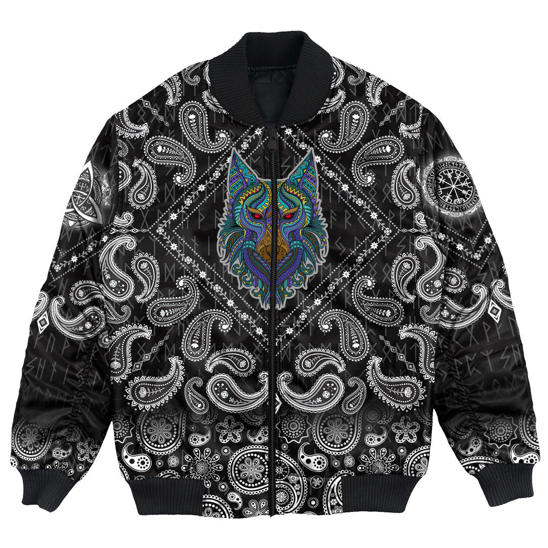 Viking Bomber Jacket Stylized Wolf In Ethnic with Bandana Paisley Style RLT12 - Wonder Print Shop