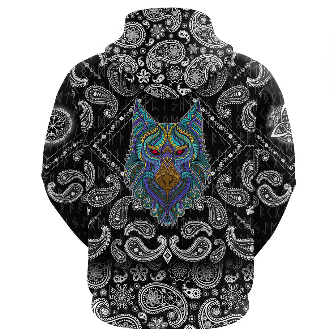 Viking Hoodie Stylized Wolf In Ethnic with Bandana Paisley Style RLT12 - Wonder Print Shop