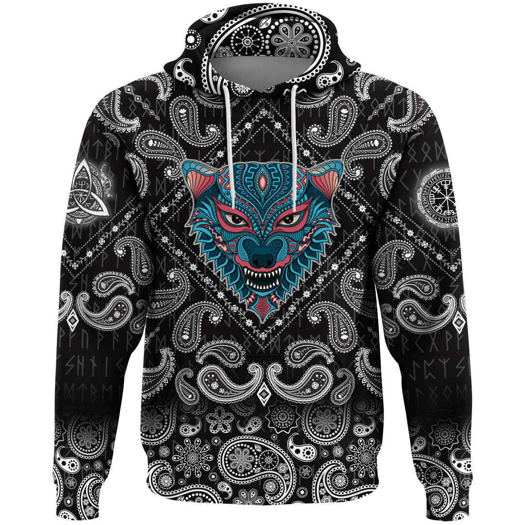 Viking Hoodie Stylized Wolf with Bandana Paisley Style RLT12 - Wonder Print Shop