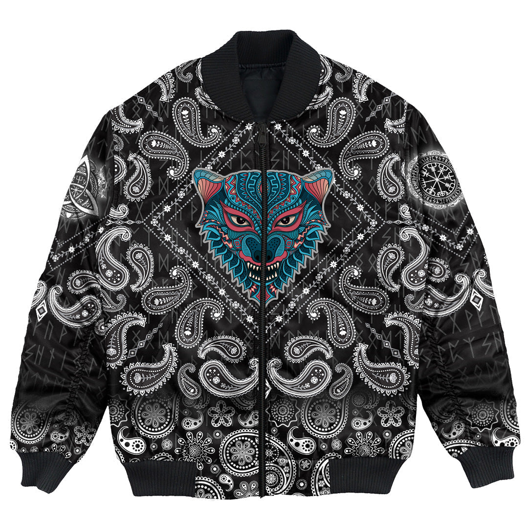 Viking Bomber Jacket Stylized Wolf with Bandana Paisley Style RLT12 - Wonder Print Shop