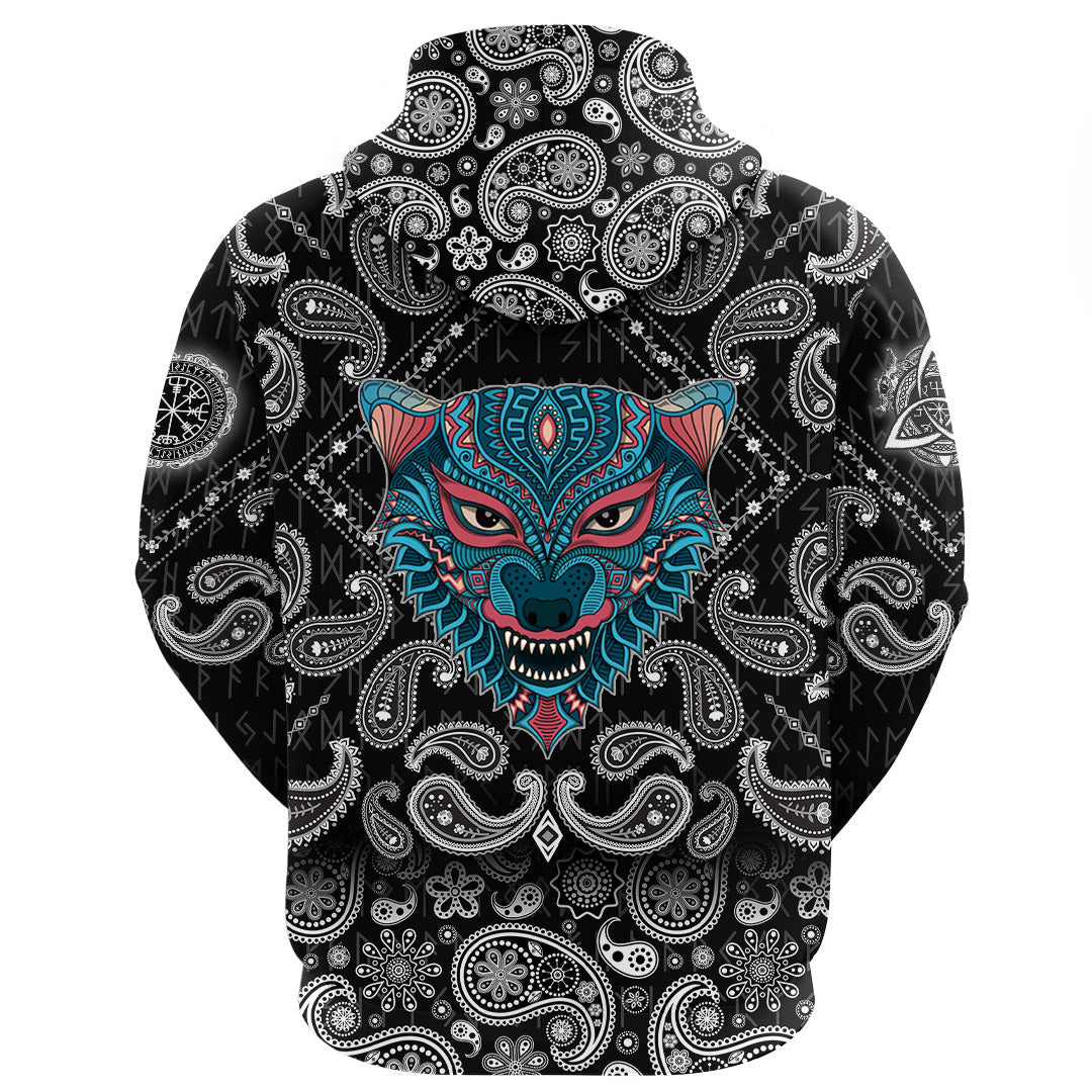 Viking Hoodie Stylized Wolf with Bandana Paisley Style RLT12 - Wonder Print Shop
