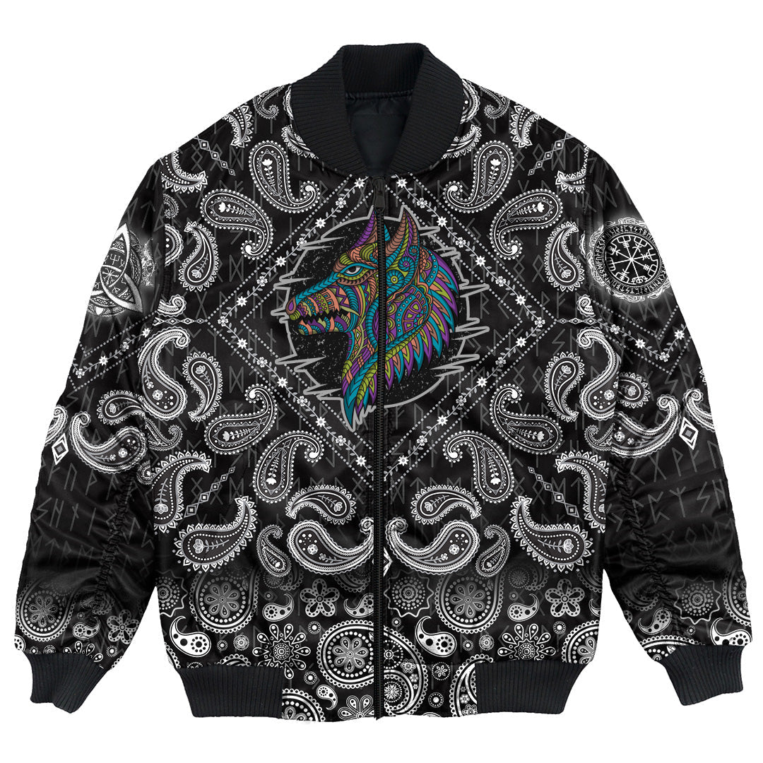 Viking Bomber Jacket Stylized dog in ethnic dark with Bandana Paisley Style RLT12 - Wonder Print Shop