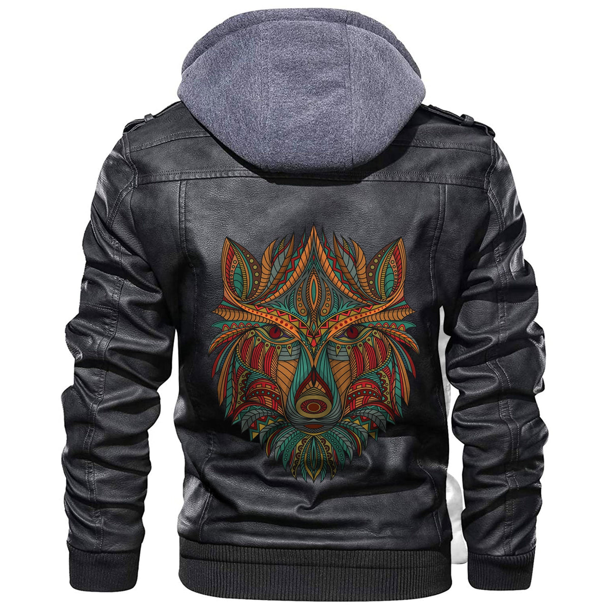 Viking Stylized Wolf In Ethnic Dark Background Leather Jacket RLT12 - Wonder Print Shop