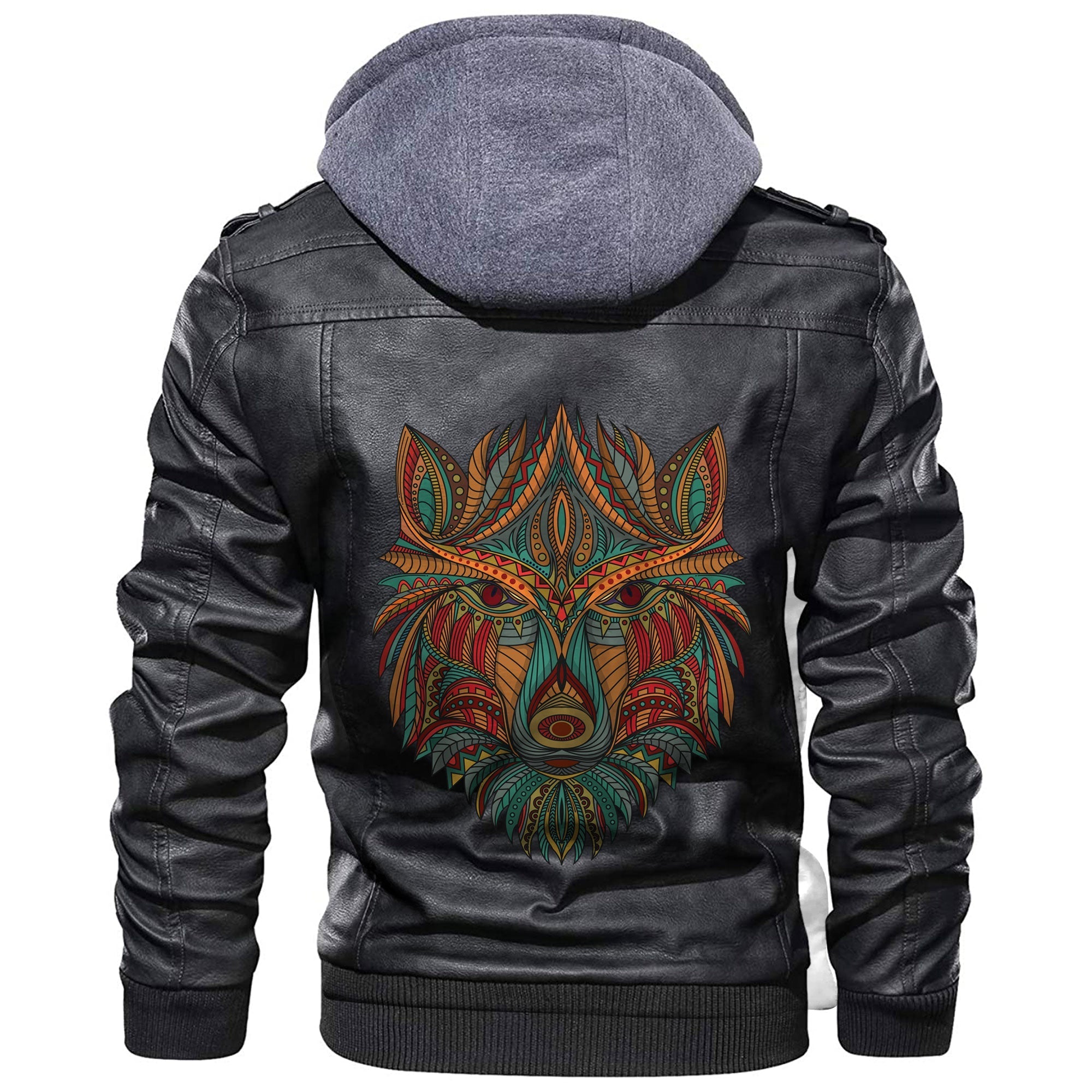 Viking Stylized Wolf In Ethnic Dark Background Leather Jacket RLT12 - Wonder Print Shop