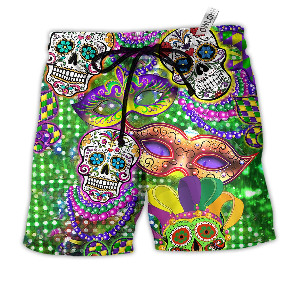 sugar-skull-mardi-gras-color-hawaiian-shorts