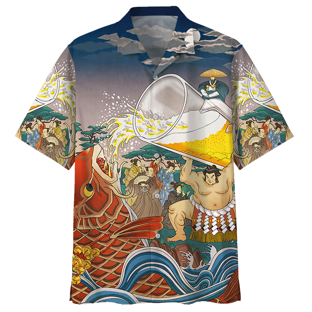 Sumo Beer With Fish Hawaiian Shirt - Wonder Print Shop