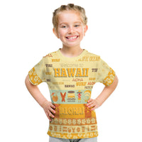 Yellowish T-shirt with Hawaii Aloha text and surf graphic collage, crew neck