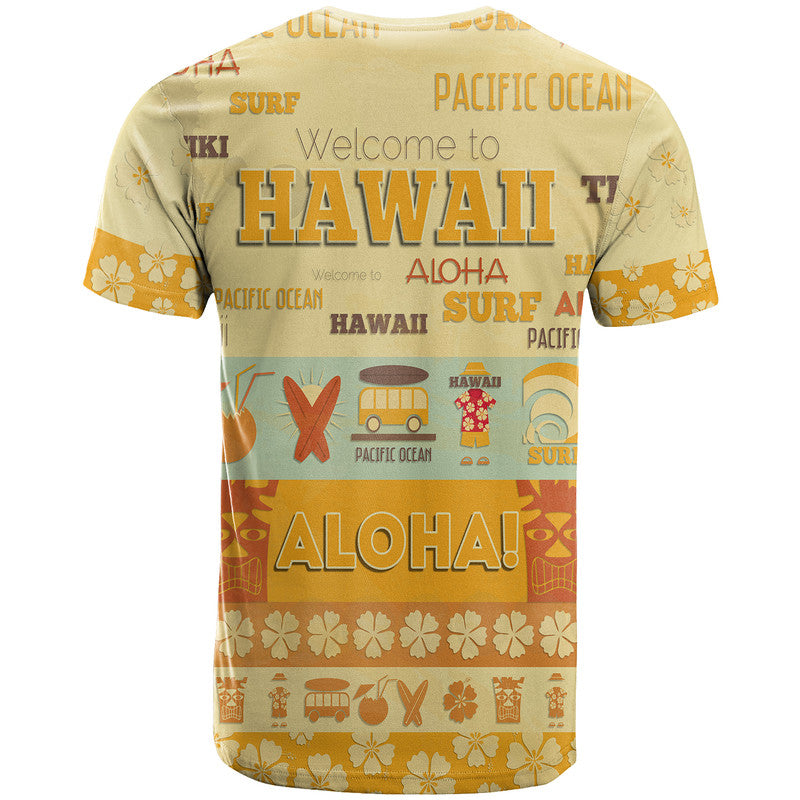 Yellowish Hawaii T-shirt showing back text and ocean-themed icons, short sleeves