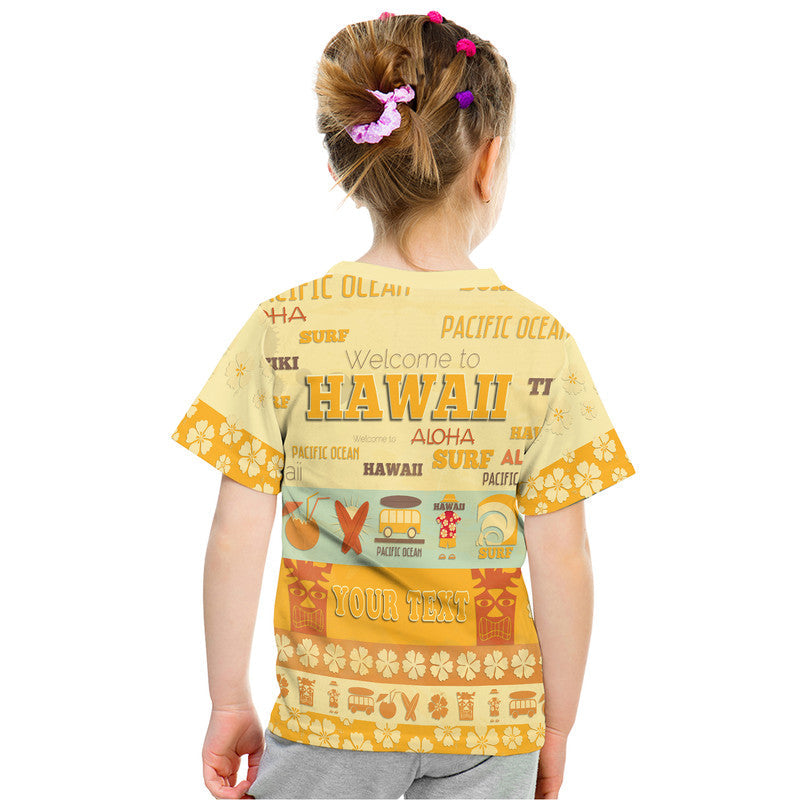 Yellowish T-shirt back with Hawaii and Aloha prints plus surf icons, crew neck