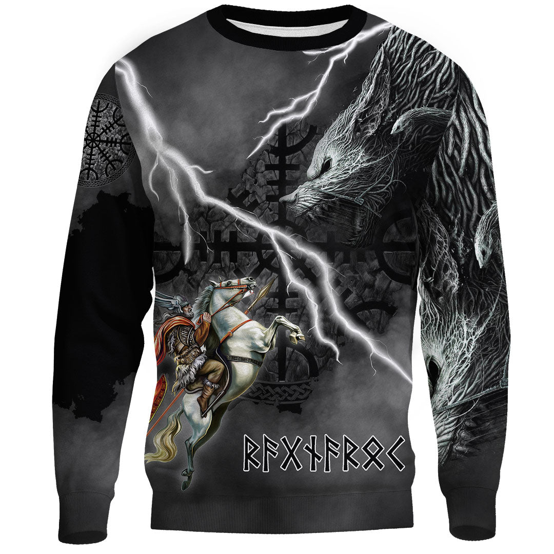 (Custom) Wonder Print Shop - Ragnarok Sweatshirt Odin fight Fenrir on thunder background RLT12 - Wonder Print Shop