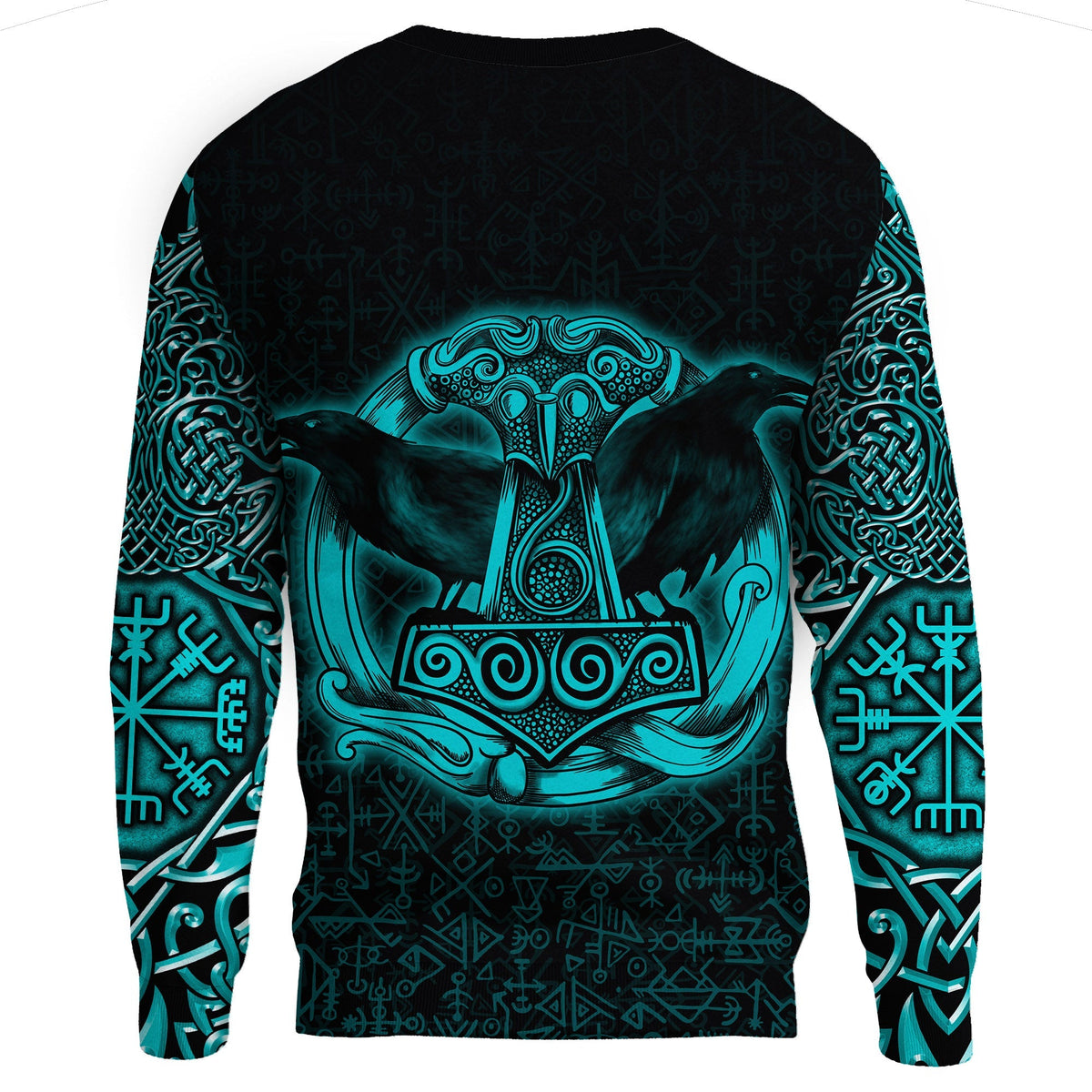 Viking Sweatshirt Raven Mjolnir Yggdrasil Cyan RLT12 - Wonder Print Shop