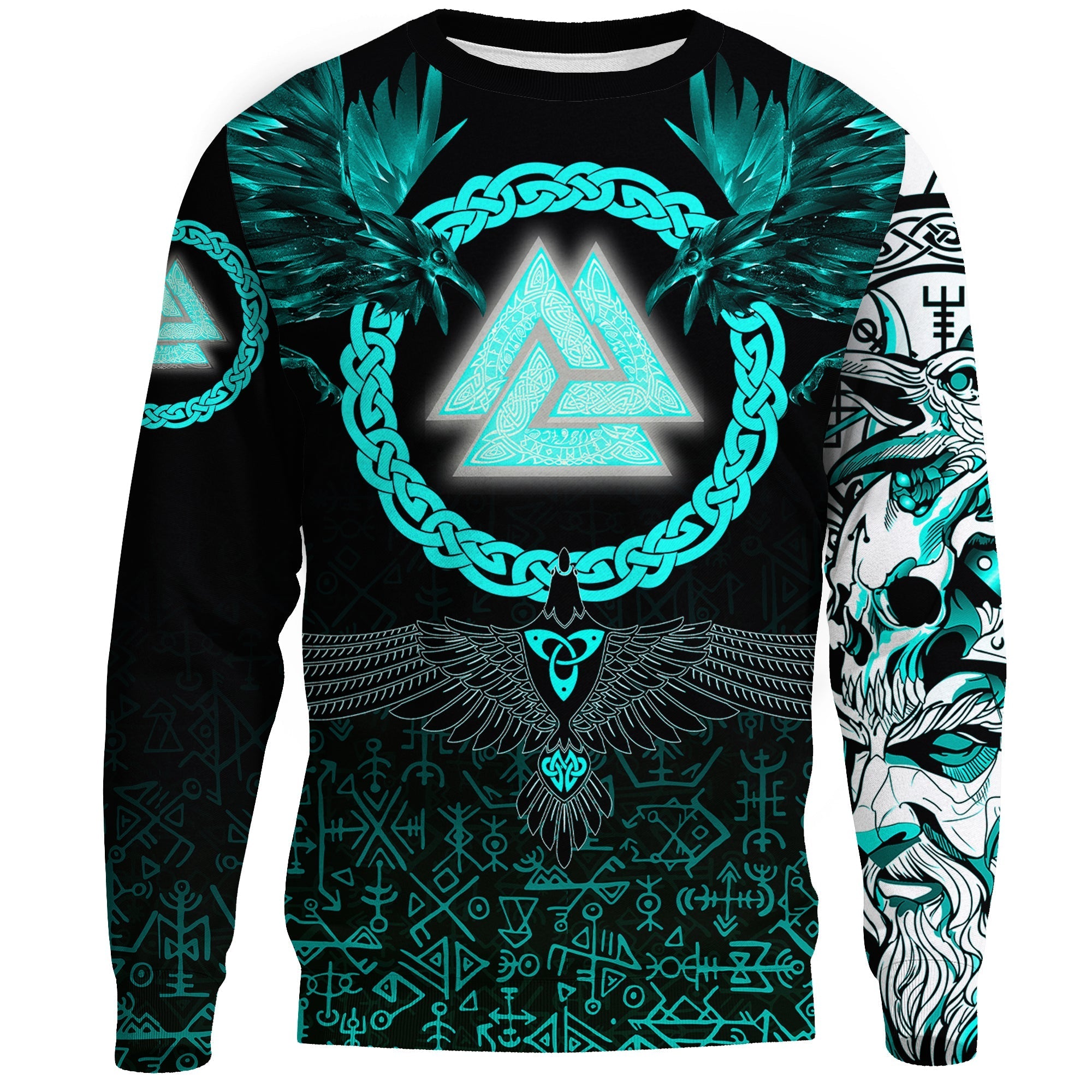 Viking Sweatshirts Three Raven and Valknut Cyan RLT12 - Wonder Print Shop