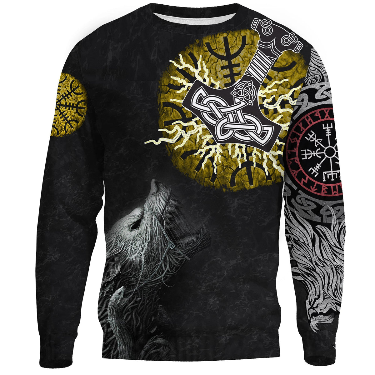 (Custom) Viking Sweatshirts - Fenrir Fight Mjolnir Of Thor On Helm Of Awe RLT12 - Wonder Print Shop