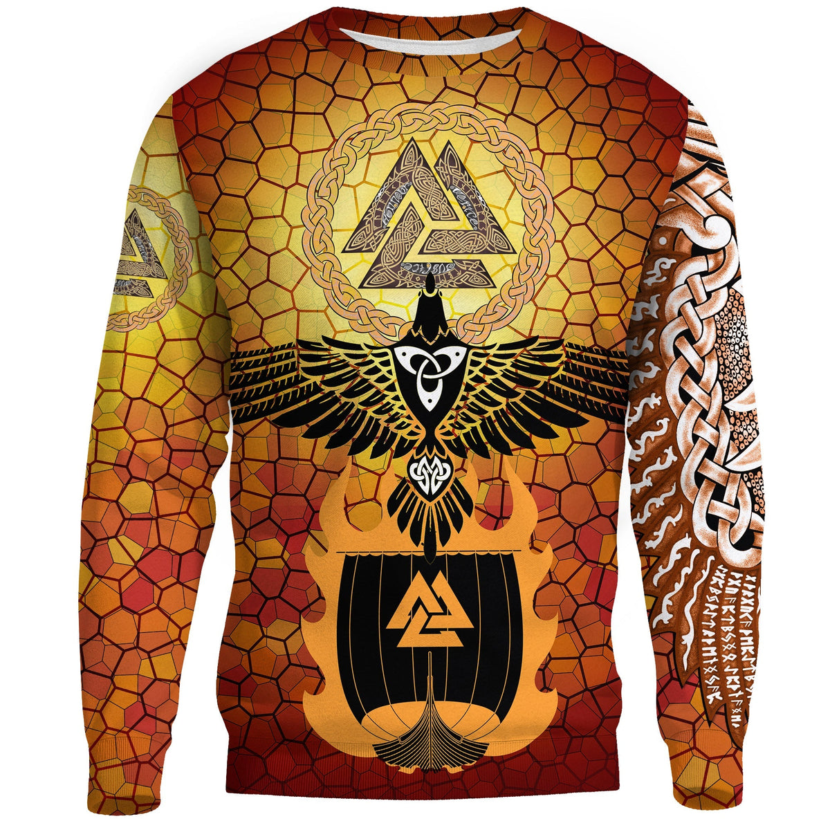 Viking Sweatshirts - Raven Of Odin and Drakkar On Fire On Vignette Gold Valknut RLT12 - Wonder Print Shop