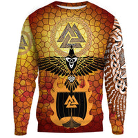 Viking Sweatshirts - Raven Of Odin and Drakkar On Fire On Vignette Gold Valknut RLT12 - Wonder Print Shop