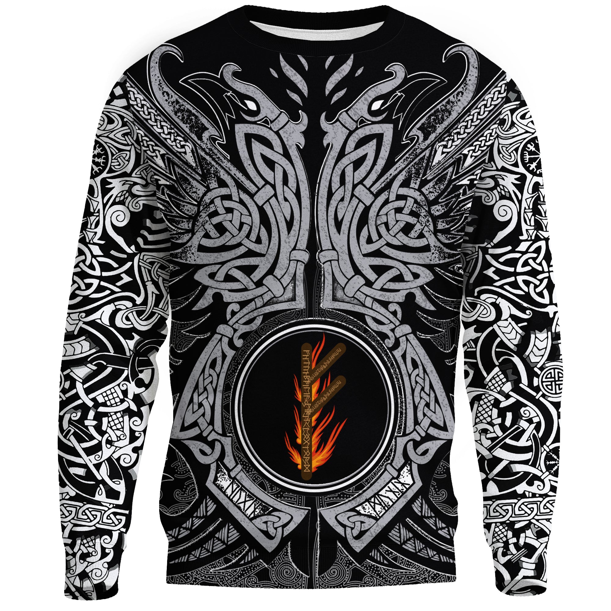 Viking Sweatshirt - Fehu Rune, Raven Tattoo RLT12 - Wonder Print Shop
