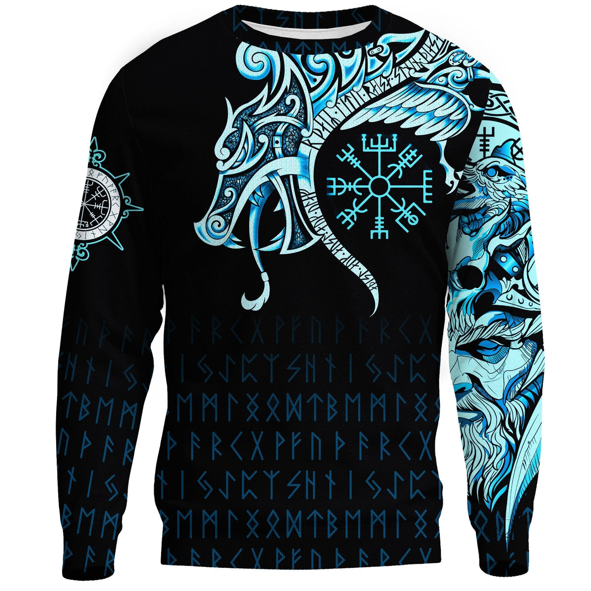 Viking Sweatshirt, Fenrir Raven and Vegvisir Tattoo Cyan RLT12 - Wonder Print Shop