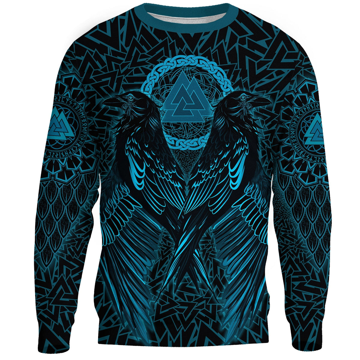 Viking Sweatshirt Raven Valknut Cyan RLT12 - Wonder Print Shop