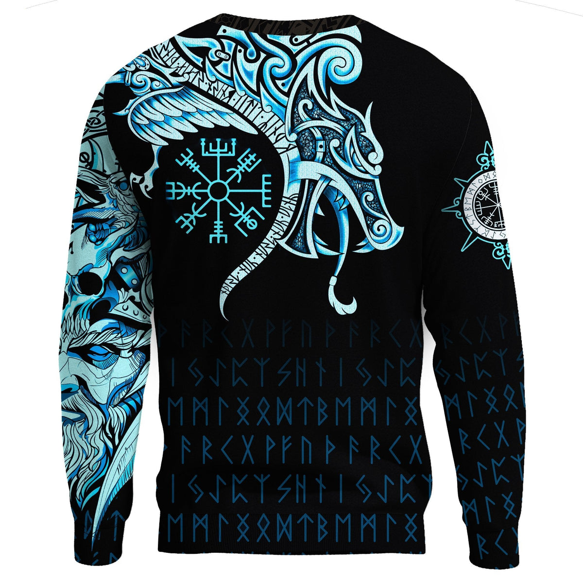 Viking Sweatshirt, Fenrir Raven and Vegvisir Tattoo Cyan RLT12 - Wonder Print Shop