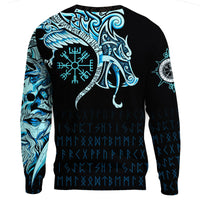 Viking Sweatshirt, Fenrir Raven and Vegvisir Tattoo Cyan RLT12 - Wonder Print Shop