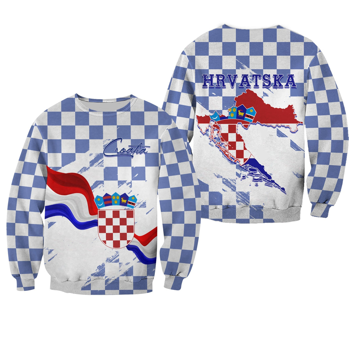 Croatia Sweatshirt Checkerboard Grunge Style - Blue Color - Wonder Print Shop
