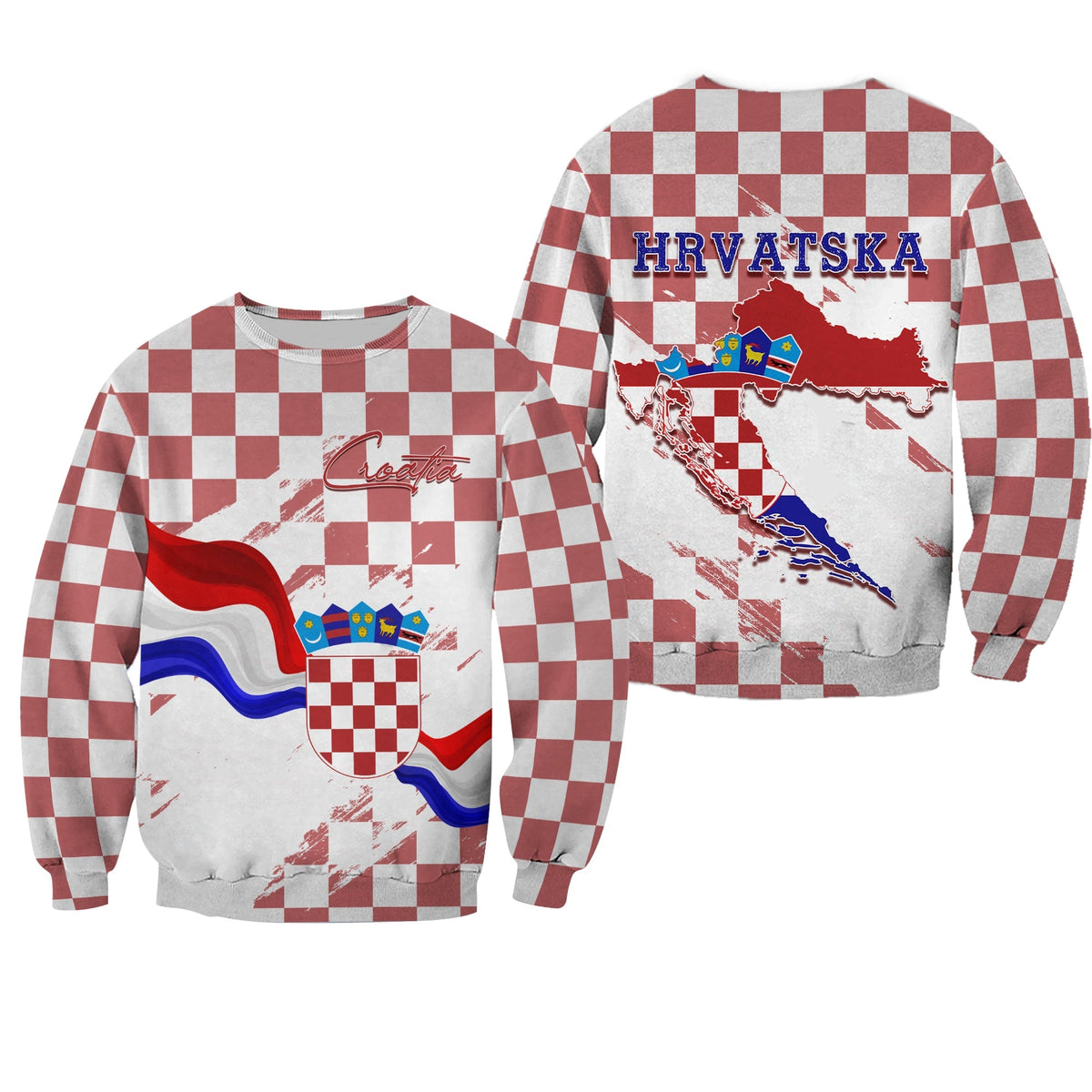 Croatia Sweatshirt Checkerboard Grunge Style - Wonder Print Shop