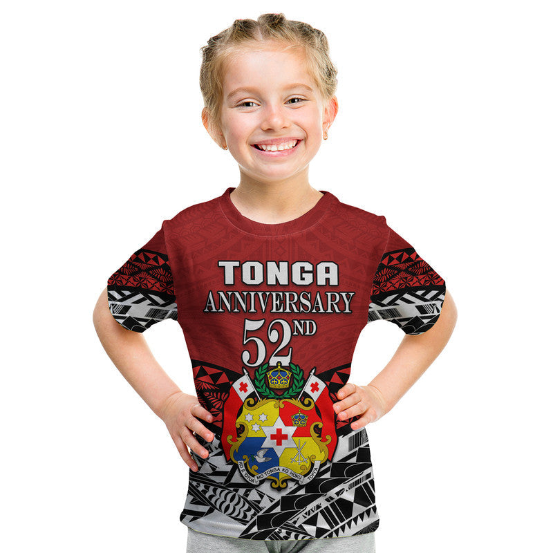Kids red Tonga Anniversary 52nd graphic T-shirt, front view with crest and 52nd text