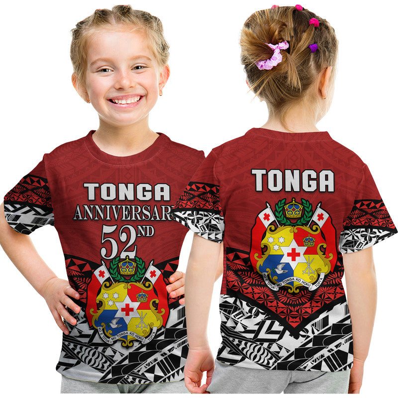 Kids red Tonga Anniversary 52nd graphic T-shirt, front and back views worn by child
