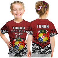 Kids red Tonga Anniversary 52nd graphic T-shirt, front and back views worn by child