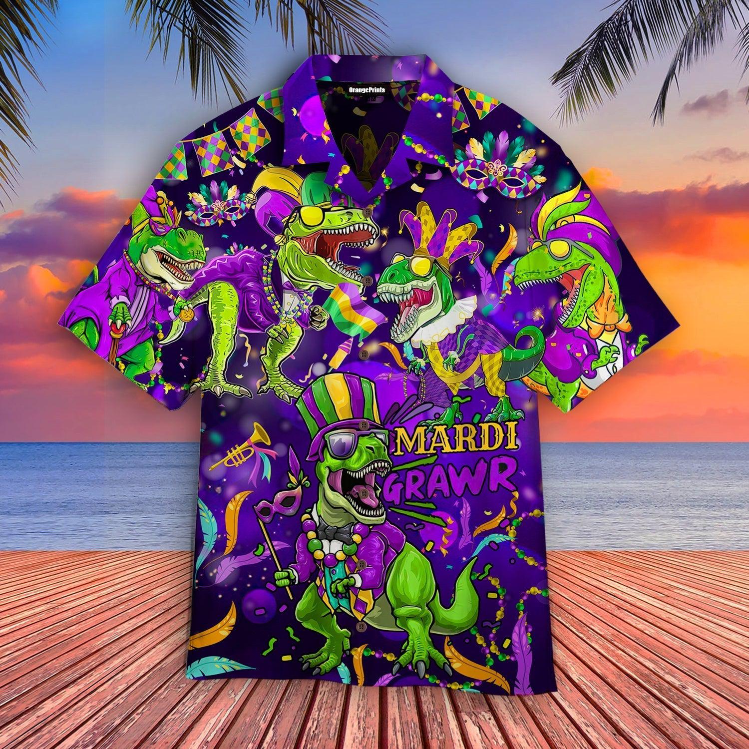 t-rex-dinosaur-mardi-gras-hawaiian-shirt