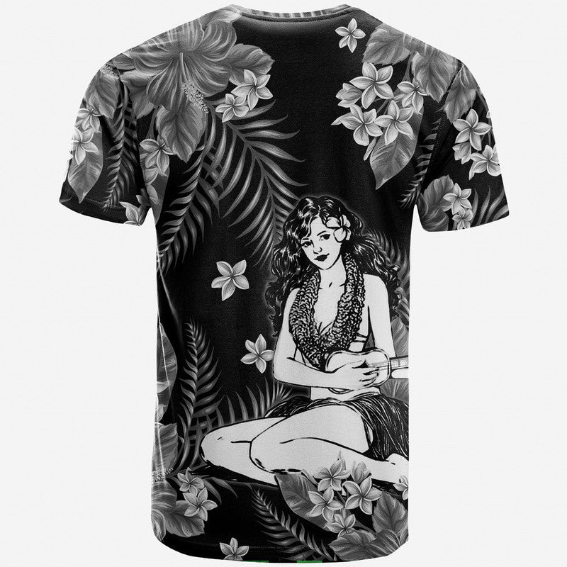 Hula girl graphic T-shirt, black with palm fronds, plumeria flowers, and dancer portrait