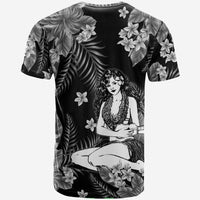 Hula girl graphic T-shirt, black with palm fronds, plumeria flowers, and dancer portrait