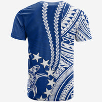 Blue Polynesian graphic T-shirt with white tribal panel, stars, and island art, crew neck