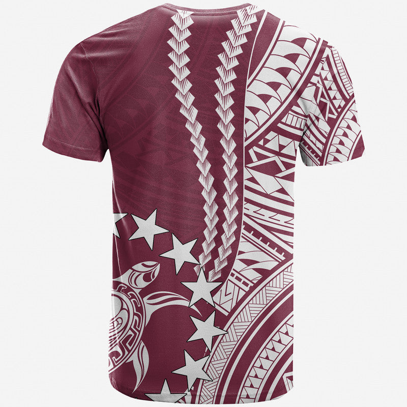 Maroon and white T-shirt with bold vertical panel, stars, and Polynesian motifs