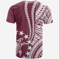 Maroon and white T-shirt with bold vertical panel, stars, and Polynesian motifs