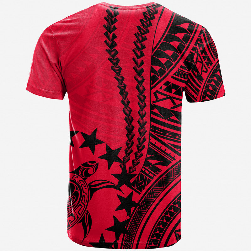 Red T-shirt with black tribal pattern and star motifs on back
