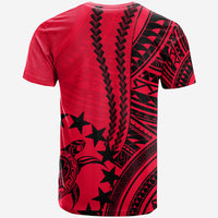 Red T-shirt with black tribal pattern and star motifs on back
