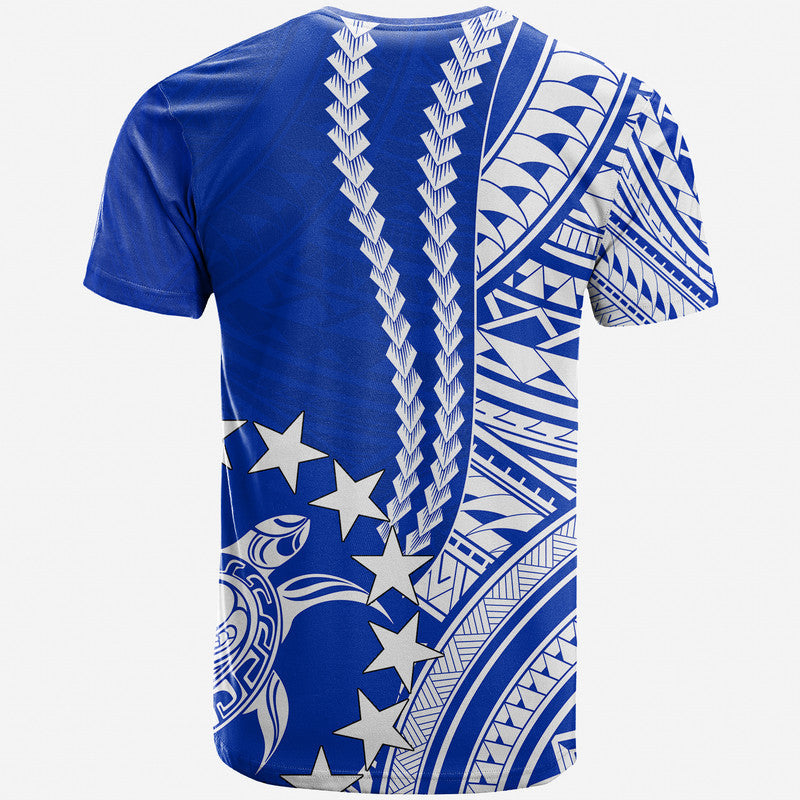 Blue crewneck T-shirt with white Polynesian pattern and stars on back