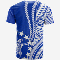 Blue crewneck T-shirt with white Polynesian pattern and stars on back