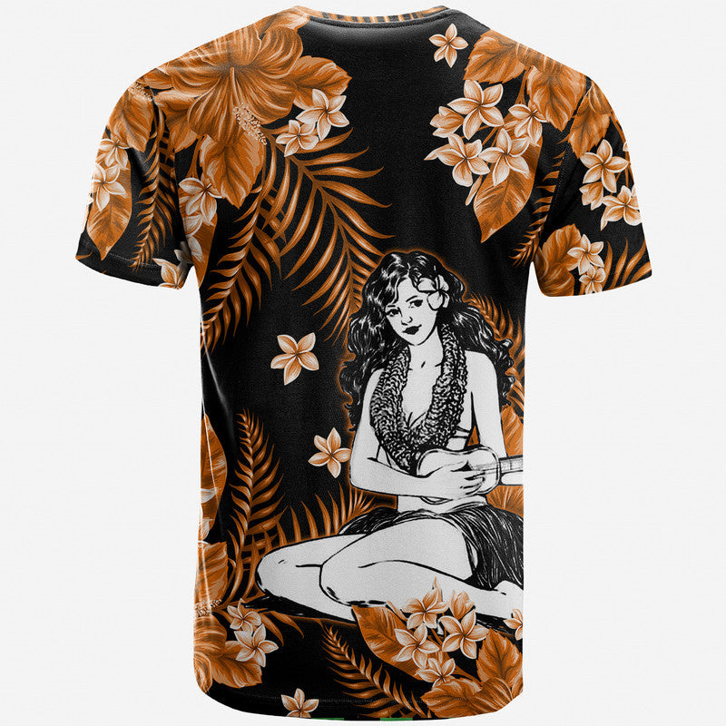Crew neck hula girl graphic T-shirt, black with orange tropical leaves and plumeria flowers