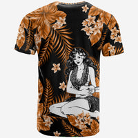 Crew neck hula girl graphic T-shirt, black with orange tropical leaves and plumeria flowers
