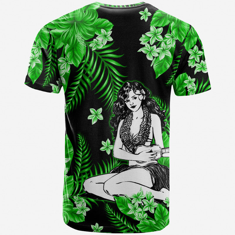 Crew-neck T-shirt with green-and-black tropical leaf and hula girl graphic