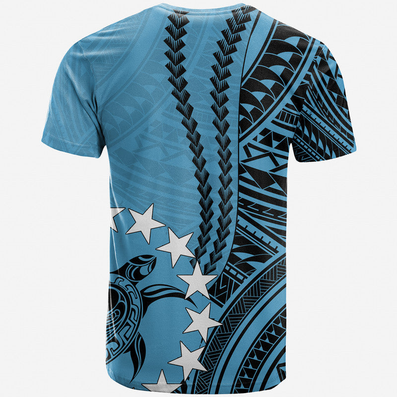 Blue Polynesian T-shirt back with black tribal stripe and star print