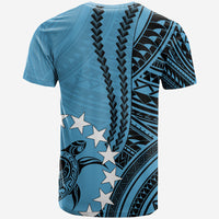 Blue Polynesian T-shirt back with black tribal stripe and star print